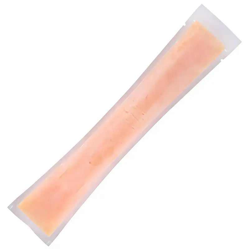 Hand holding four popsicle packaging bags filled with colorful fruit — blueberry, passion fruit, lemon