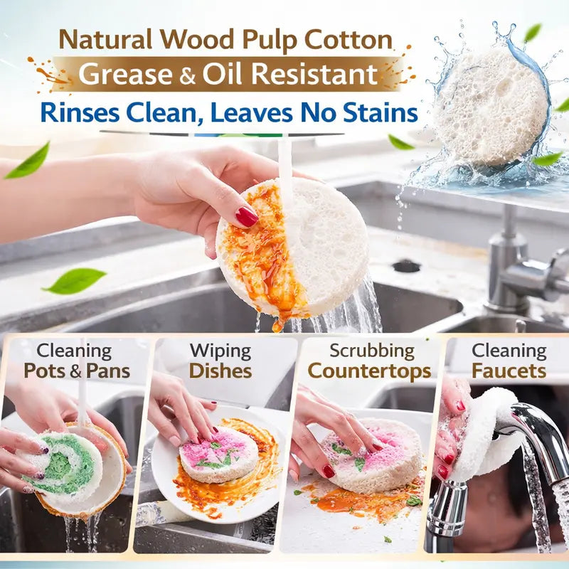 Floral Cellulose Scrubber Pads — Eco-Friendly Wood Pulp Sponge, Scratch-Free, High-Absorbency for Kitchen & Bathroom