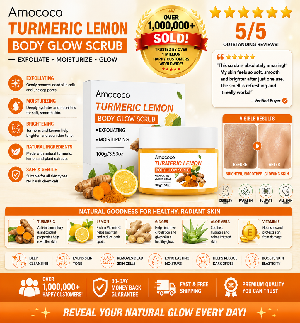 Amococo Turmeric Lemon Body Glow Scrub – Natural Solution for Hyperpigmentation | Exfoliating & Moisturizing | Fine Grain, Deep Clean, Turmeric