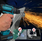 Drill nibbler cutting metal sheet with orange sparks — close-up of nibbler head and full cordless drill with attachment