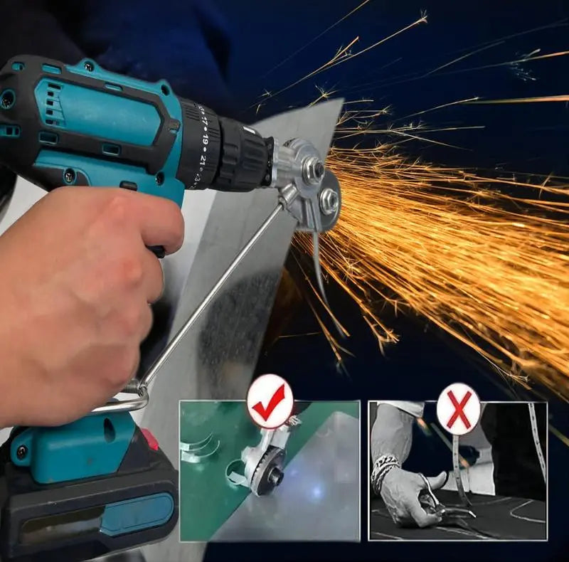 Drill nibbler cutting metal sheet with orange sparks — close-up of nibbler head and full cordless drill with attachment