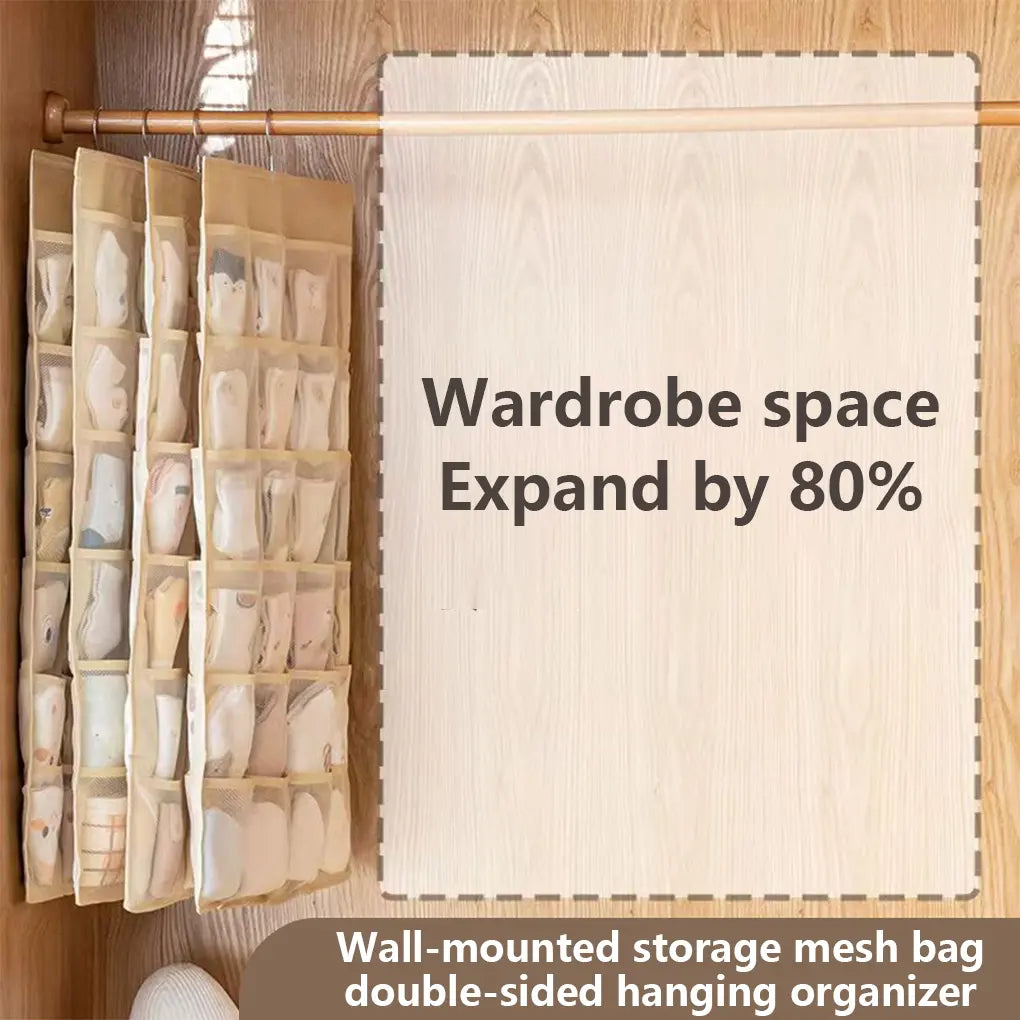 Bra and Underwear Closet Hanging Organizer with 12+18 Pockets Beige Dual Sided Wall Shelf Wardrobe Storage Bags for Bra Socks Underwear Underpants Lightweight & Durable Mesh Pockets