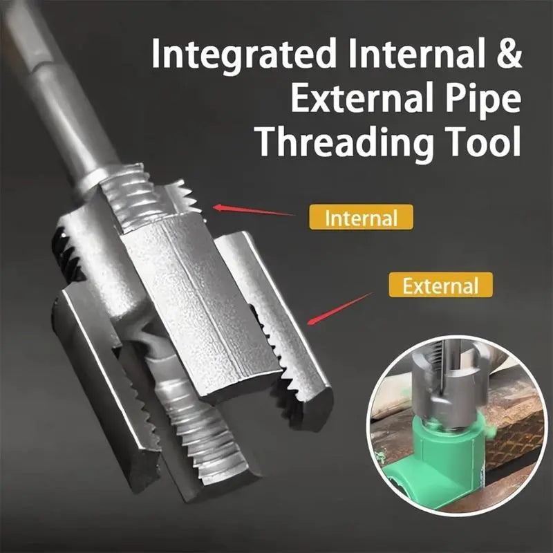 Pipe thread cutter in use with power drill threading a PVC pipe end — action shot showing drill-powered operation