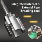 Pipe thread cutter in use with power drill threading a PVC pipe end — action shot showing drill-powered operation