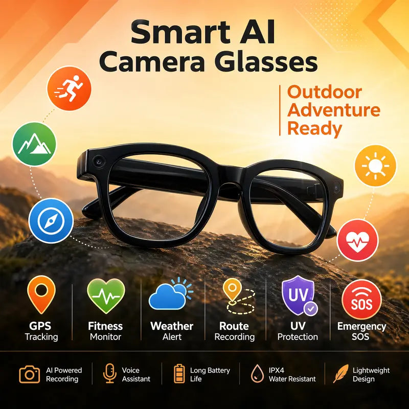 Smart AI Camera Glasses outdoor adventure infographic — GPS tracking, fitness monitor, weather alert, route recording, UV protection, emergency SOS, AI recording, voice assistant, long battery, IPX4, lightweight