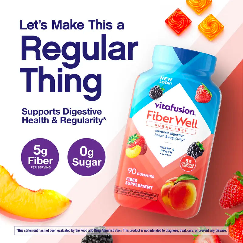 Vitafusion Fiber Well Sugar Free Fiber Gummies, Berry & Peach, 90 Count