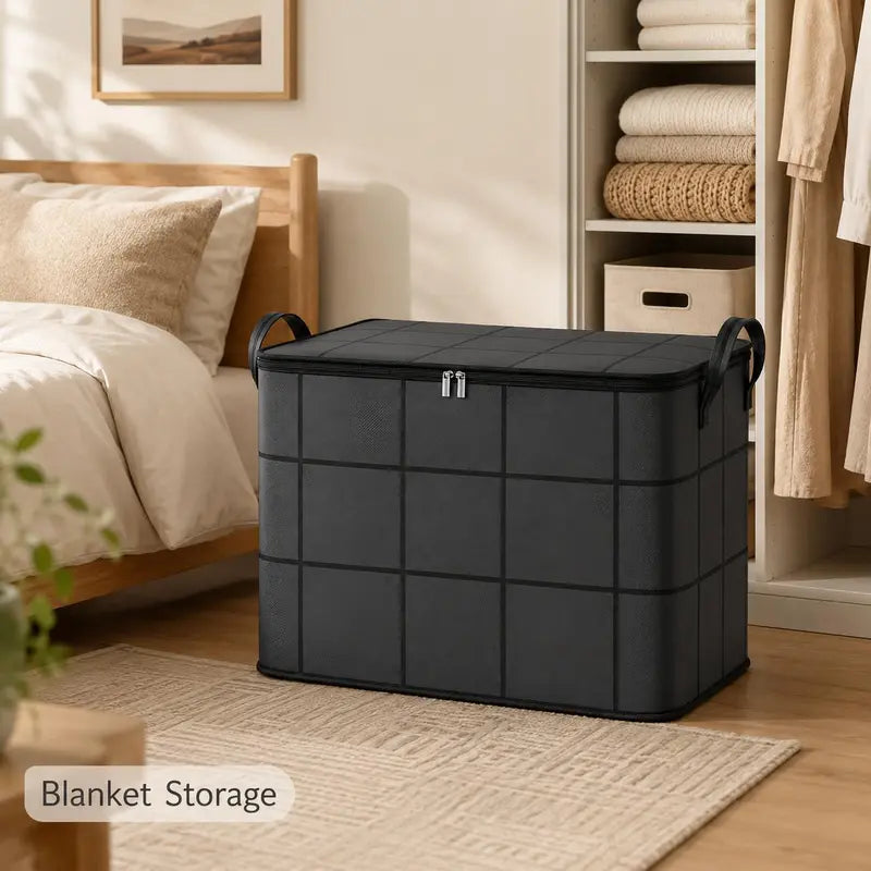 Black large storage bin used as blanket storage in a bedroom next to a closet — lifestyle shot