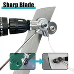 Sharp Blade — drill nibbler cutting thin sheet leaving clean circular cutouts, before and after showing clean cut result