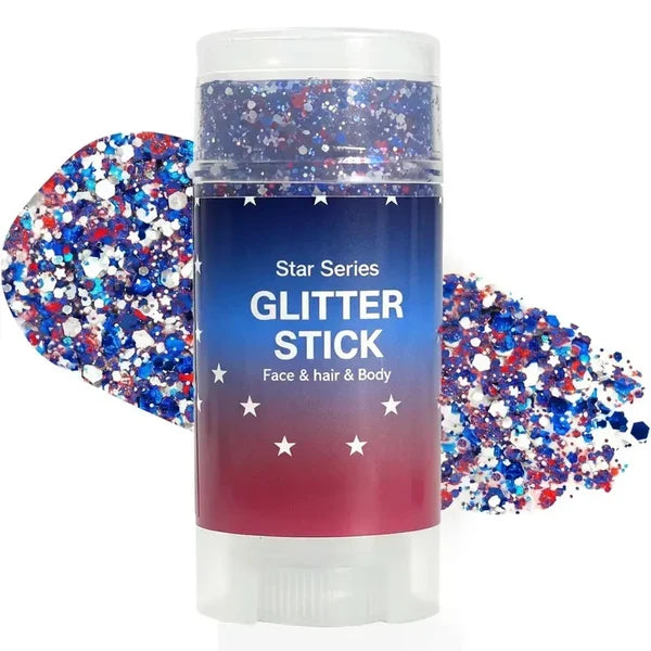 4th of July Glitter Stick – Star Series Red White & Blue, Face Hair Body & Nails | Non-Toxic Waterproof Sweatproof, Twist-Up Easy Apply & Wash Off