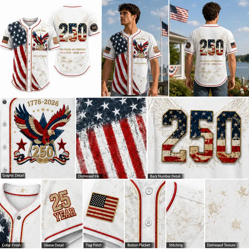Patriotic Baseball Jersey — 250th Anniversary 1776-2026 Distressed American Flag Eagle Graphic