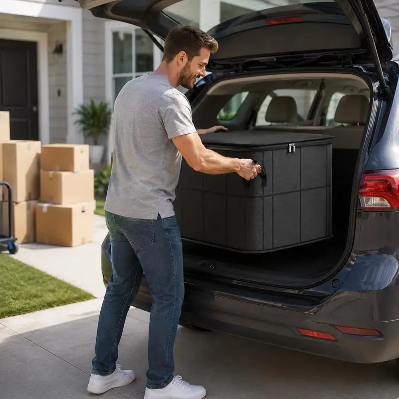 Black fabric storage bin with wide-open lid showing folded blanket being placed inside — wide opening easy to pack and access