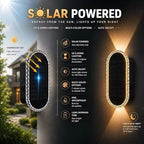 Premium solar LED wall light specs: 6.3x2.8x1.8 inch, dual-lens, 8 color modes including warm, red, green, blue, yellow, cyan, purple, and circulate