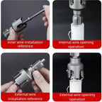 2-in-1 Pipe Thread Cutter infographic showing internal threading on PVC elbow fitting and external threading on corrugated pipe — inside & outside dual function