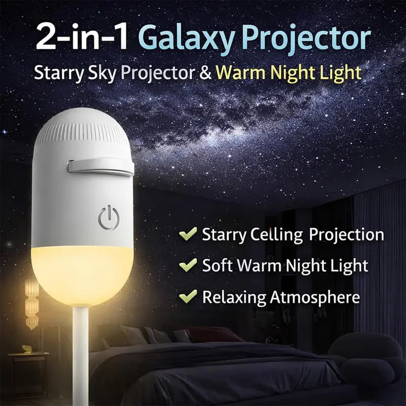 Galaxy projector showing 360° adjustable direction with moon projection on living room wall