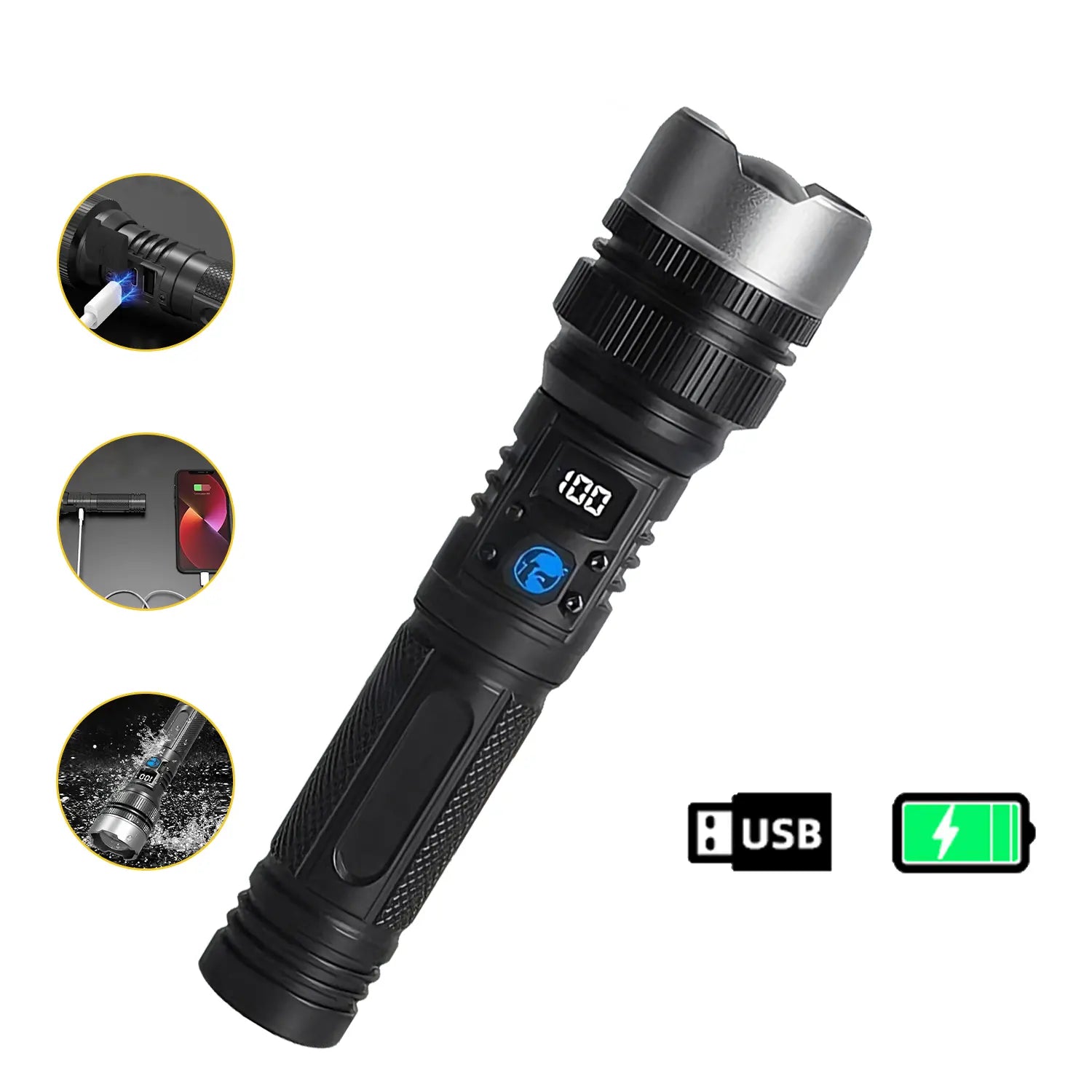 2-in-1 Strong Flashlight (Power Bank), Digital display ofpower, Rechargeable, Zoomable,, X4Waterproof,Adjustable Brightness Flash Light for Outdoor, Emergency,Camping Accessories, Black DealsForYouDays outdoorfun