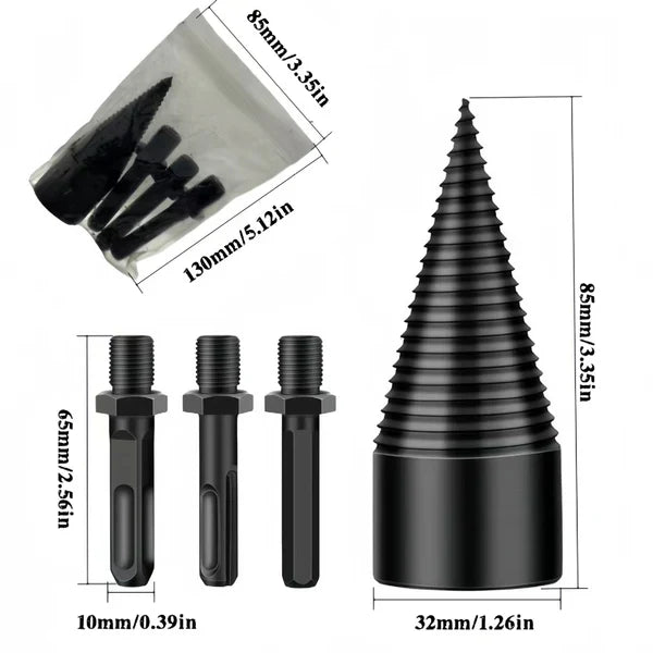 Firewood Splitter Drill Bit Set – Heavy-Duty High Carbon Steel Wood Splitting Cone, 4-Piece Set | Round + Square + Hex Shank | Fits Impact Drill, Electric Hammer & Hand Drill