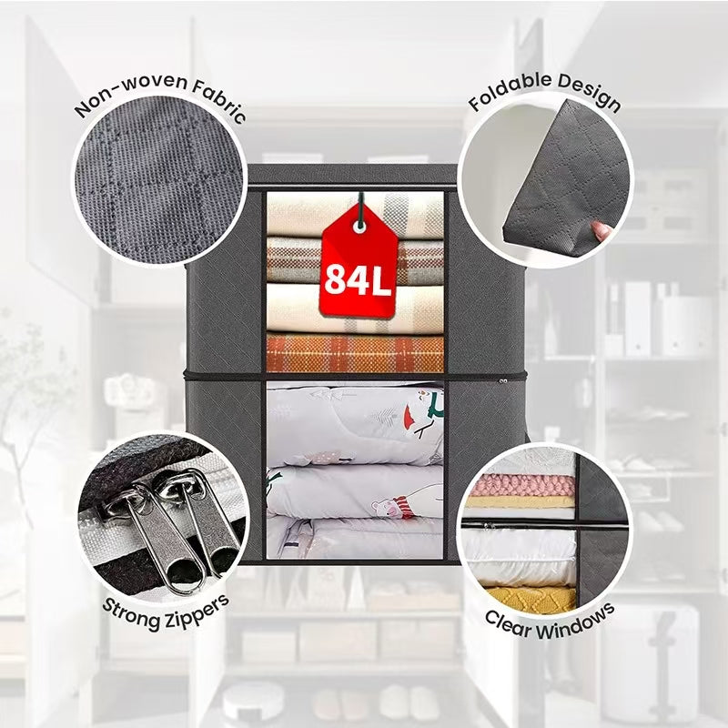 Large Capacity Clothes & Quilt Storage Box —  Foldable Non-Woven Dustproof Bag with Clear Window & Strong Zippers
