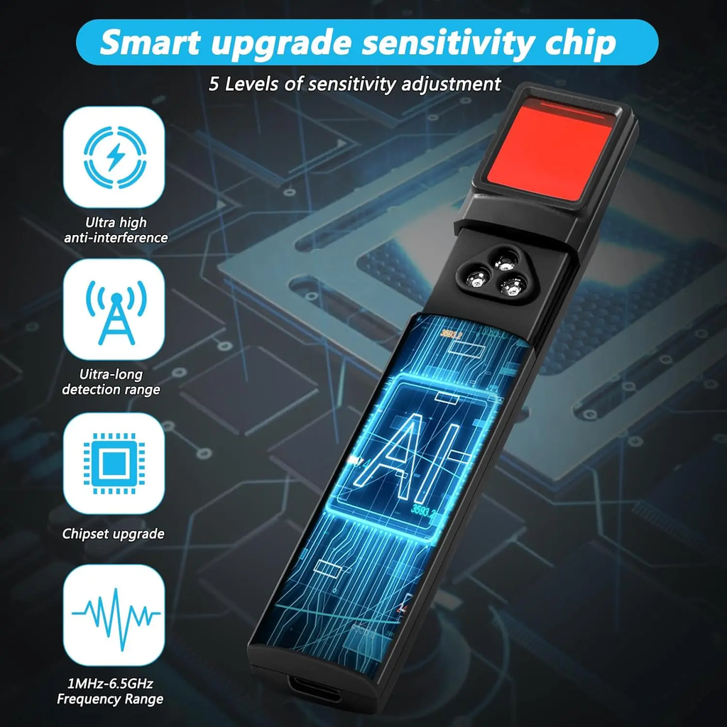 Hidden Camera and Bug Detector – Combines RF signal, GPS tracker, and spy camera detection capabilities with adjustable sensitivity.