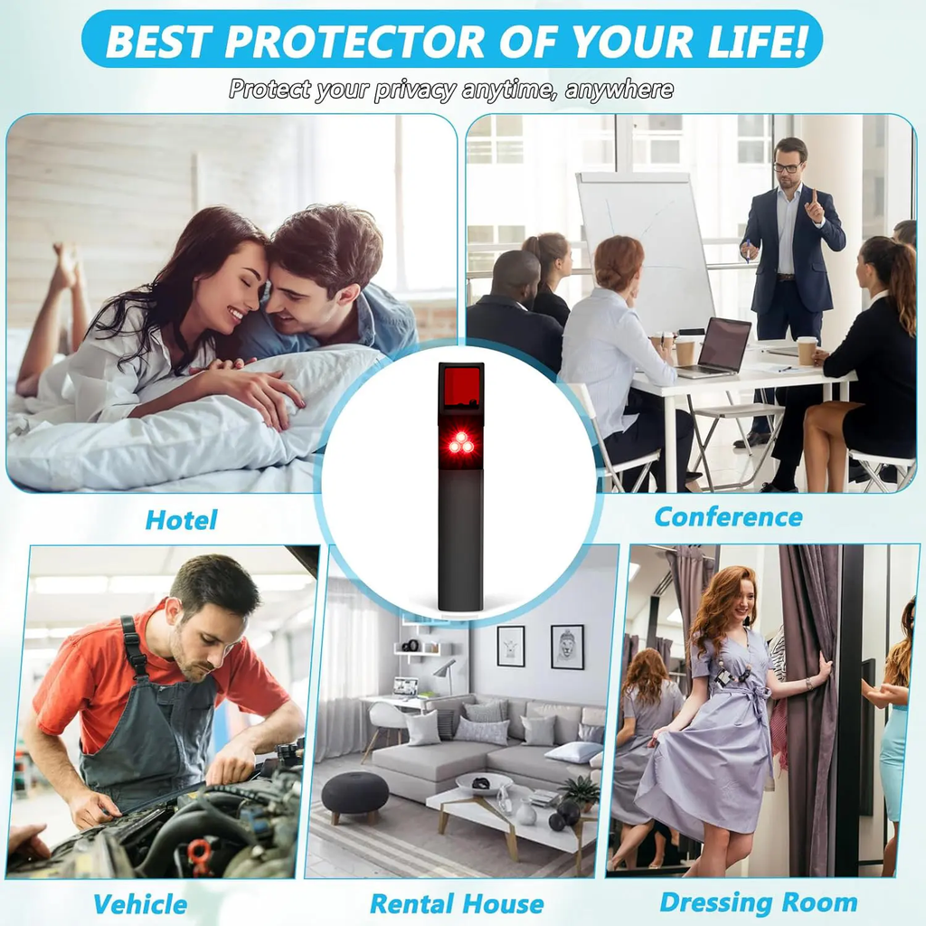 Hidden Camera and Bug Detector – Combines RF signal, GPS tracker, and spy camera detection capabilities with adjustable sensitivity.
