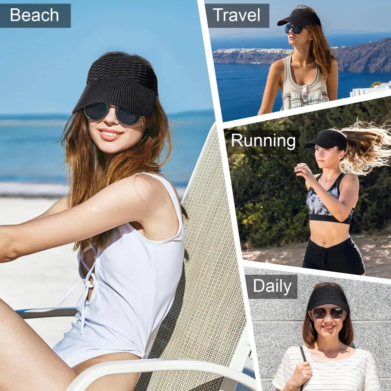 Black sun visor hat tucked into a straw beach bag on the sand — foldable and packable lifestyle shot