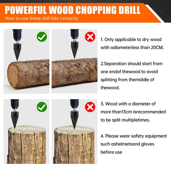 Firewood Splitter Drill Bit Set – Heavy-Duty High Carbon Steel Wood Splitting Cone, 4-Piece Set | Round + Square + Hex Shank | Fits Impact Drill, Electric Hammer & Hand Drill