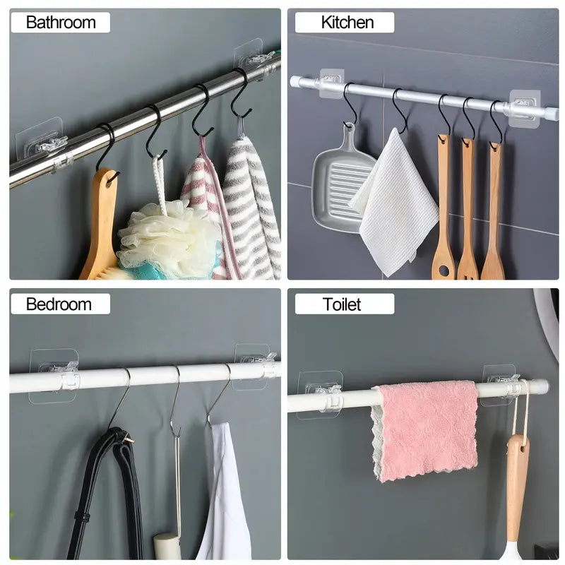 Four use cases: bathroom towel rod, kitchen utensil rod, bedroom closet rod, toilet towel bar