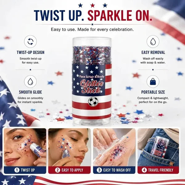4th of July Glitter Stick – Star Series Red White & Blue, Face Hair Body & Nails | Non-Toxic Waterproof Sweatproof, Twist-Up Easy Apply & Wash Off