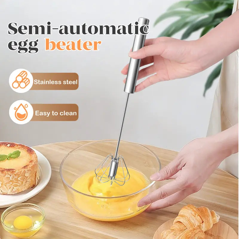 Semi-Automatic Stainless Steel Hand-Push Rotary Whisk – Food-Grade Rust-Resistant, Sturdy Riveted Construction | Eggs, Coffee, Cream & Batter | Easy to Clean | 1pc / 2pcs / 4pcs