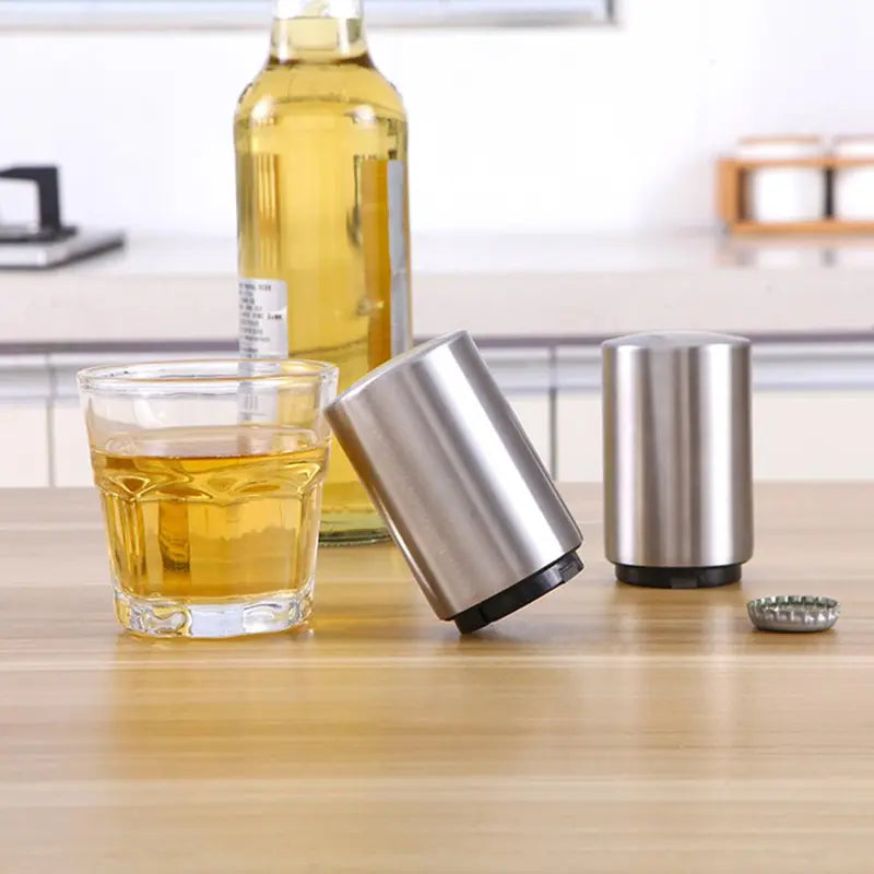 Automatic Push-Down Bottle Opener — Stainless Steel Beer Cap Remover for Home, Camping & Travel