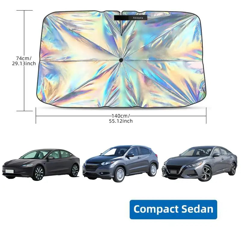Umbrella-Style Car Windshield Sunshade – Holographic UV Block, No-Install Foldable, Reduces Cabin Temp to 87.8°F | Compact Sedan & Mid-Size SUV
