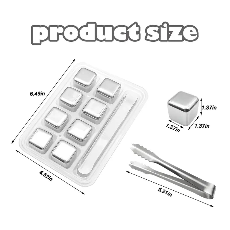 8 Counts Reusable Stainless Steel Ice Cubes with Tongs
