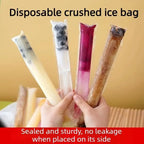 Colorful fruit popsicles in disposable bags displayed on a plate of ice