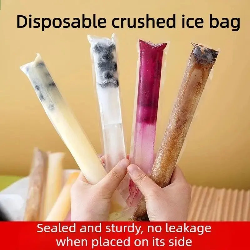 Colorful fruit popsicles in disposable bags displayed on a plate of ice