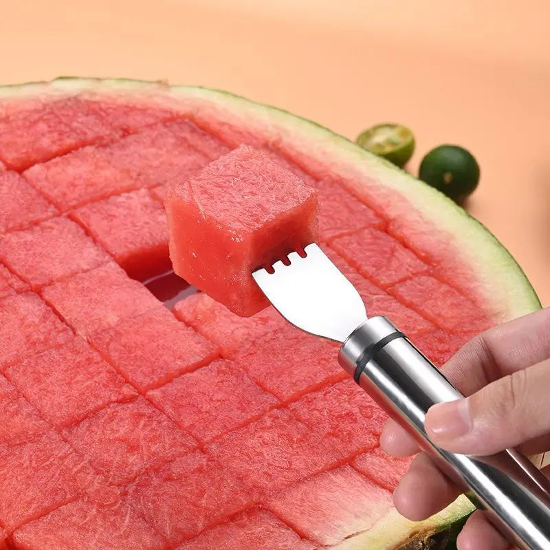 2-in-1 Stainless Steel Watermelon Fork Slicer Cutter – Cut, Cube & Eat in One Tool | 2pcs Set | Portable for Camping, Picnics & Home Use