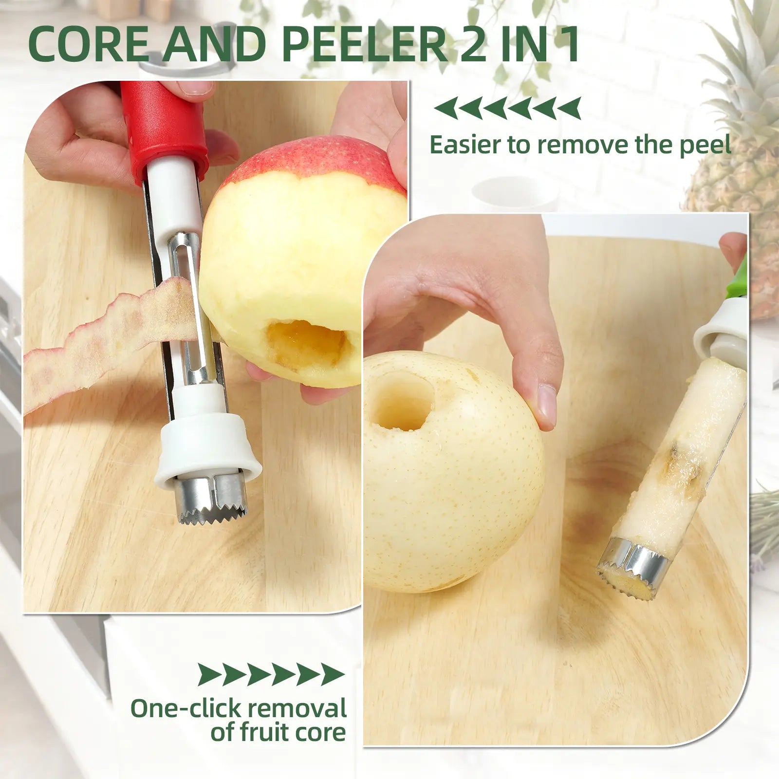 2 in 1 Apple Corer and Peeler, Apple Core Removal Tool, Stainless Steel Fruit Corer, Apple Seed Remover for Cored Apples, Pears, Bell Peppers and Cakes, Kitchen Gadget for Fruit and Vegetable