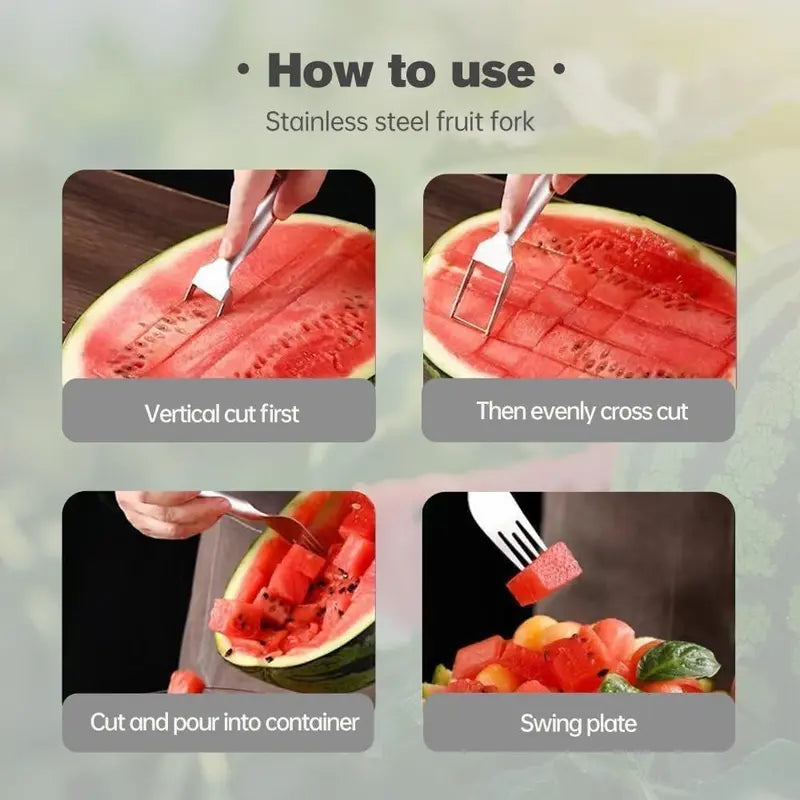 2-in-1 Stainless Steel Watermelon Fork Slicer Cutter – Cut, Cube & Eat in One Tool | 2pcs Set | Portable for Camping, Picnics & Home Use