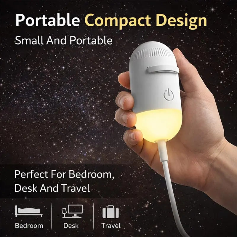 Child sleeping peacefully in crib with galaxy projector night light glowing — full spectrum eye protection
