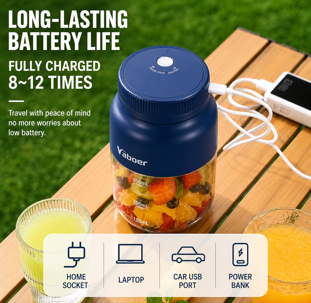 Portable Blender & Electric Juicer — USB Rechargeable with Straw & Two Lids for Smoothies, Shakes & Frozen Blending