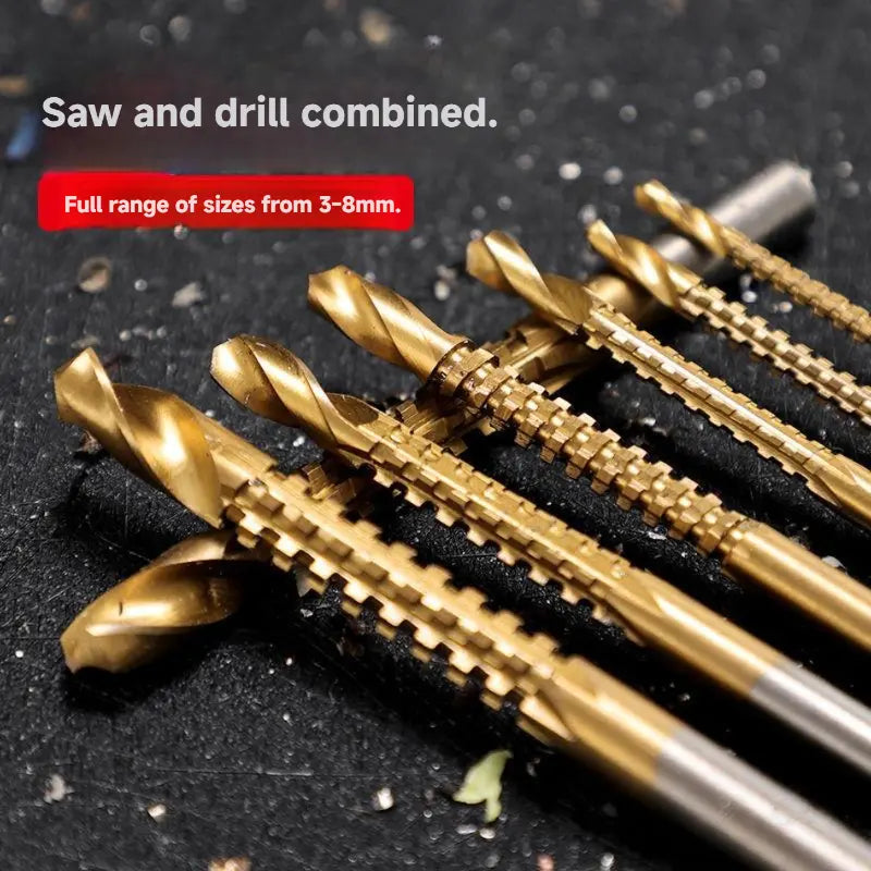 Saw and drill combined - full range of sizes 3-8mm titanium bits laid out