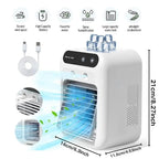 Product dimensions infographic: 16cm x 11.5cm x 21cm with USB-C cable and feature icons — 2 wind speeds, high capacity battery, powerful motor, spray humidification, large water tank, ultralight decibel
