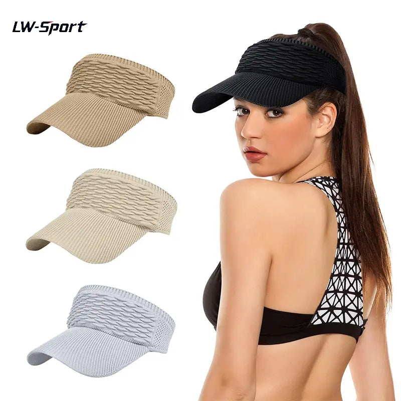 Three sun visor hats in khaki, beige, and light gray with model wearing black visor — LW-Sport brand color options