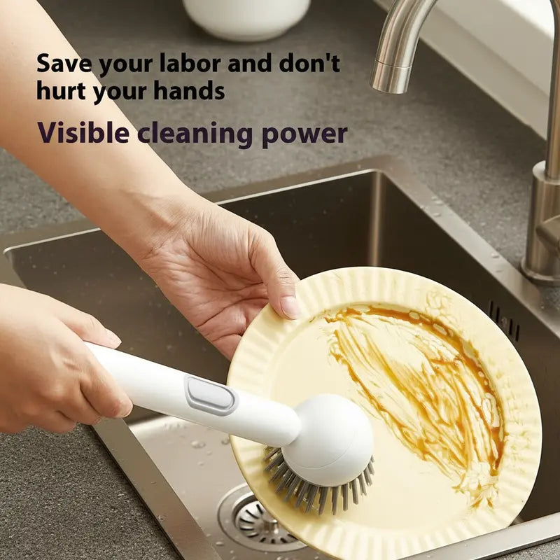 6-in-1 Rotating Dish Brush with Soap Dispenser — Adjustable Angle, Wall Mount, 360° Scrub for Pots, Pans & Dishes