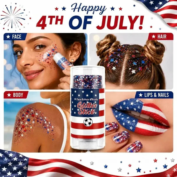4th of July Glitter Stick – Star Series Red White & Blue, Face Hair Body & Nails | Non-Toxic Waterproof Sweatproof, Twist-Up Easy Apply & Wash Off