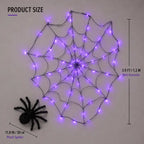 Spooky Purple LED Spider Web Lights Set, 1.2M 70 LED with 30CM Plush Spider & Remote Control