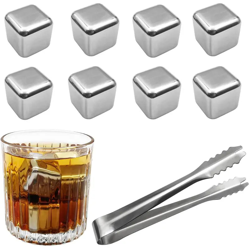 8 Counts Reusable Stainless Steel Ice Cubes with Tongs
