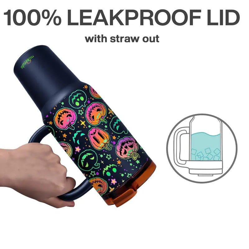 Halloween Glow in the Dark Tumbler with Handle & Straw – Pumpkin Pattern Insulated Travel Mug for Coffee, Water & Cold Drinks
