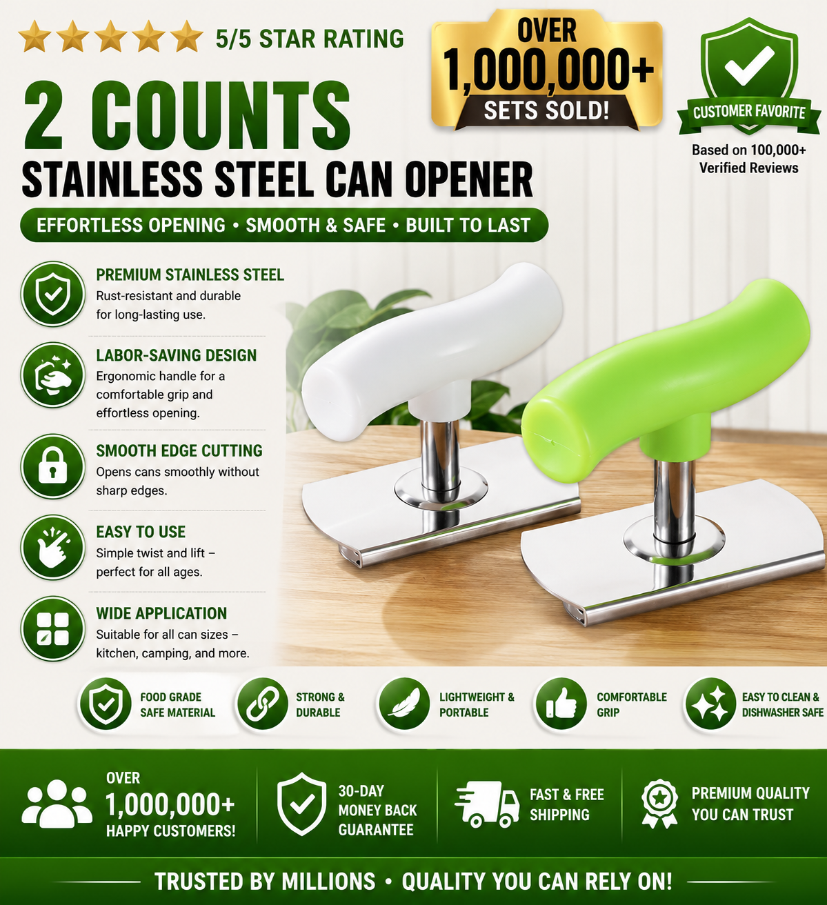 Stainless Steel Jar Opener 2-Pack – Adjustable, Smooth Edge, Ergonomic Grip | Mason Jars, Sauce Cans, All Sizes (White + Green)