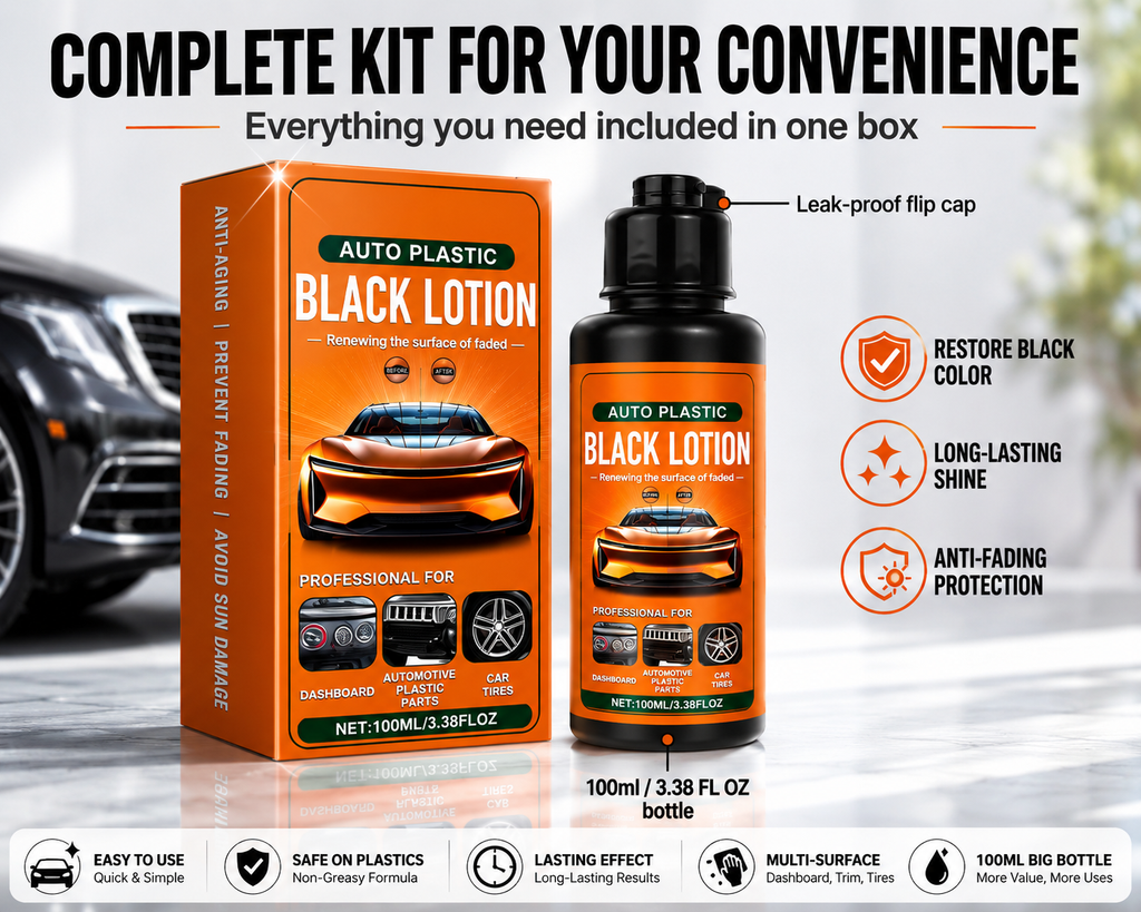 Auto Plastic Black Lotion Restorer 100ml – Dye-Infused Waterproof Formula, Removes Oxidation & Fading | Bumpers, Trim, Tires, Dashboard, Vinyl