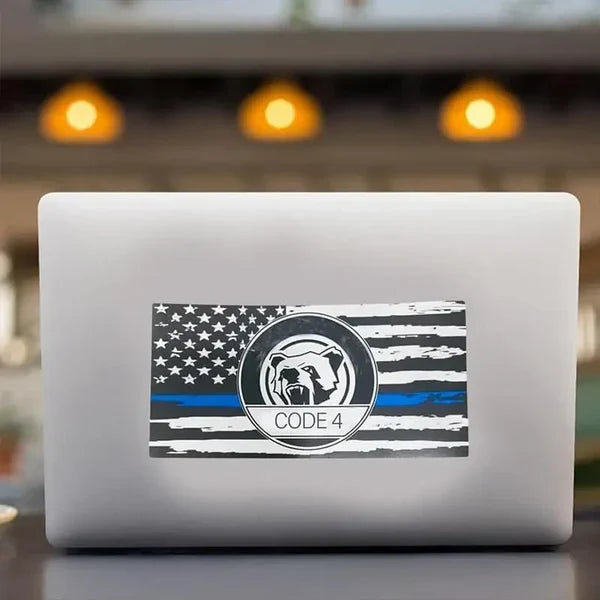 Code 4 Thin Blue Line Flag Sticker – Honor Respect Support, Weatherproof UV Fade-Resistant Vinyl| Car Truck Laptop Helmet | Back the Blue Cop Gift