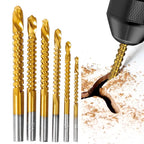 6-piece titanium HSS drill bit set in use drilling through wood with sawdust